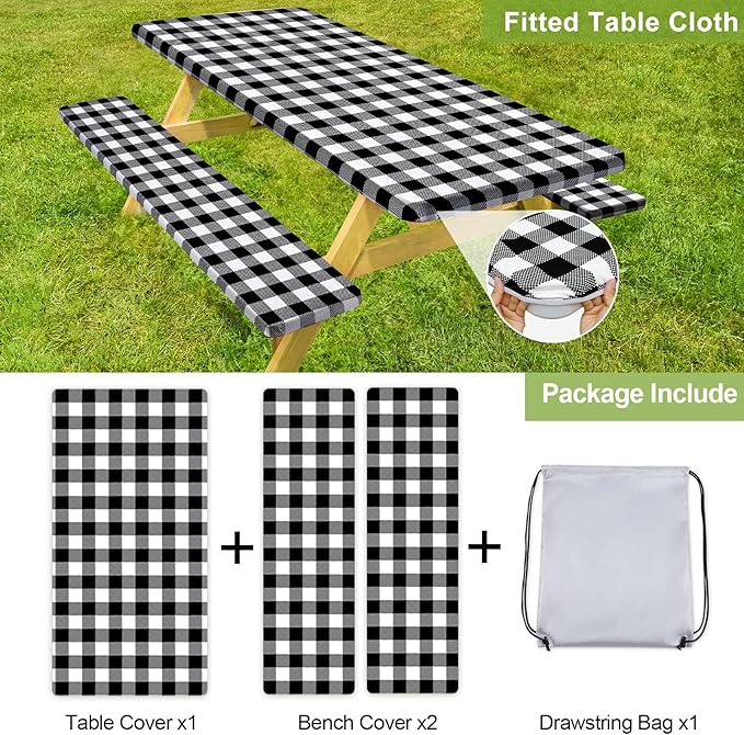 Picnic Table Cover with Bench Covers Camping Essentials Waterproof Windproof Camping Tablecloth with Drawstring Bag, Fitted Rectangle Tables and Seats, 96in, White Black Checkered