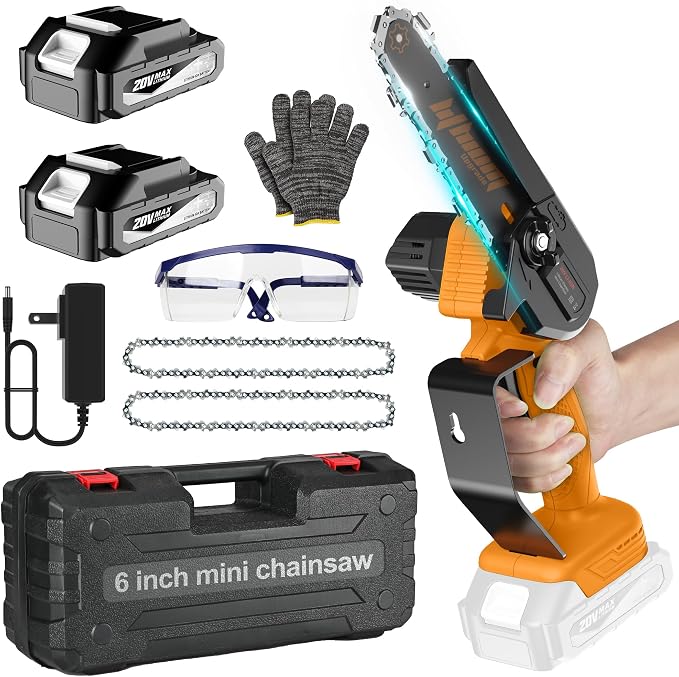 Fostex 6 Inch Cordless Mini Chainsaw, Handheld Electric Chain Saw with 2×2Ah Batteries & 2 Chains, Lightweight Battery Powered Saw for Tree Trimming, Branch Pruning, Gift for Men & Women (Yellow)