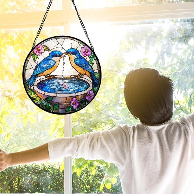 DASTOLL Stained Glass Window Hanging, 2 Blue Birds Suncatcher Diamond Glass Panel Hangings Bird Lover Sun Catchers Decor for Birthday for Women, Men, Wife, Aunt, and Mom 7.8 in
