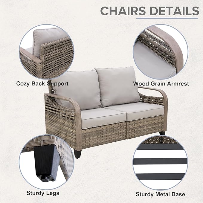 COOS BAY Modern Wicker Outdoor Furniture Set, 8 Piece Patio Conversation Set with 2 Swivel Rockers, 2 Patio Chairs, a 3 Seat Couch, a Loveseat, Coffee Table and Side Table, 8 Piece, Brown/Gray