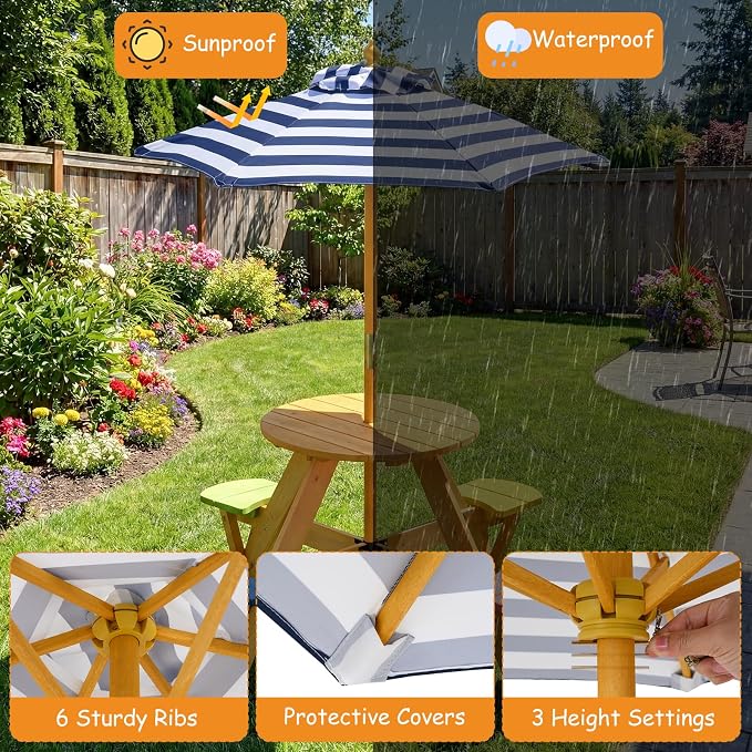 Costzon Kids Picnic Table, 4-Person Wooden Toddler Outdoor Table & Stool Set with Adjustable Umbrella, Wooden Kids Outdoor Furniture for Patio Backyard Lawn Garden