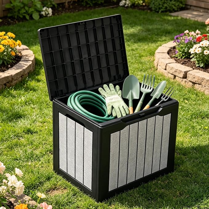 30 Gallon Resin Deck Box, Waterproof Outdoor Storage Box for Patio Furniture, Garden Tools & Pool Toys, Large Capacity -Wall Resin Construction, Dual Use as Patio Bench Seat, Black & Gray