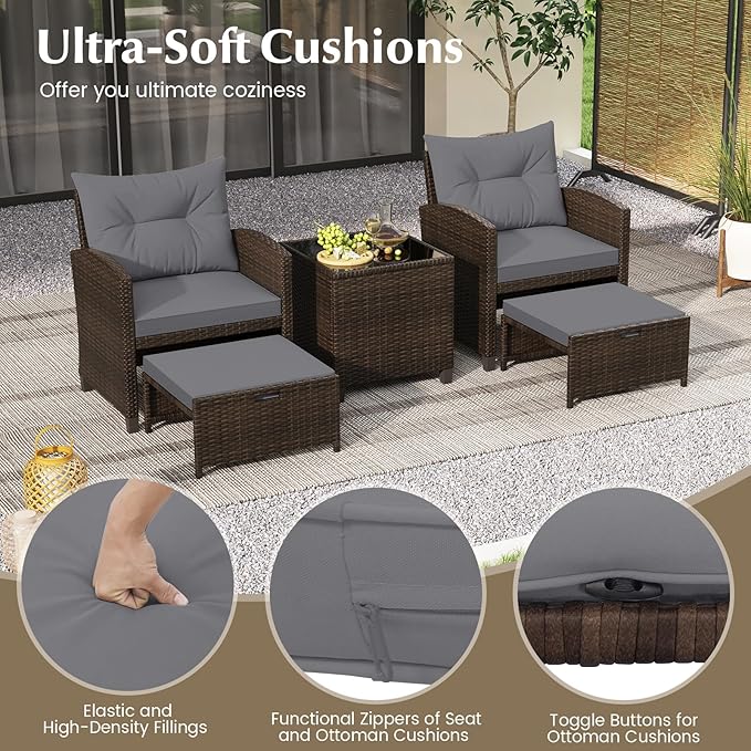 Tangkula 5 Pieces Patio Conversation Set, PE Wicker Rattan Outdoor Furniture Set with 2 Chairs, 2 Ottomans & Tempered Glass Coffee Table, Ideal for Poolside, Backyard, Lawn, Deck, Mix Brown & Grey