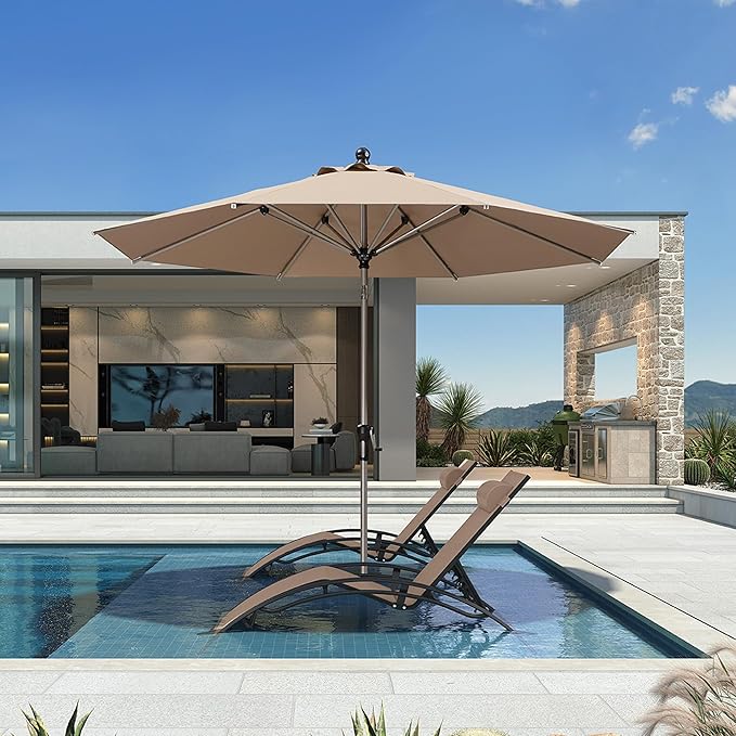 PURPLE LEAF 10' Round Patio Umbrella with Tilt Adjustment, Outdoor Table Umbrella Champagne Aluminum Frame, Market Umbrella Pool Umbrella for Deck Garden, Patio, or Poolside