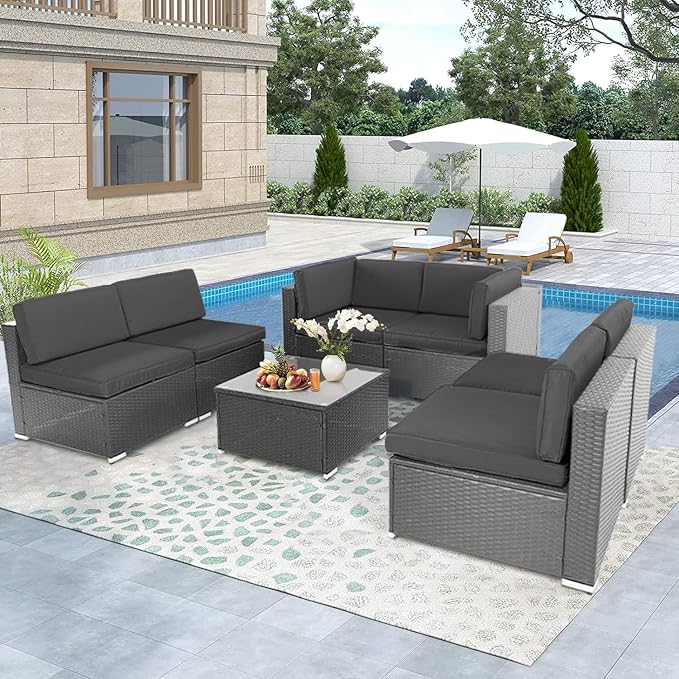 Betterland 7 Piece Outdoor Sectional Sofa Patio Furniture Set, All-Weather PE Grey Wicker Patio Conversation Set with Washable Cushion, Glass Table and Waterproof Cover(Grey Cushions)