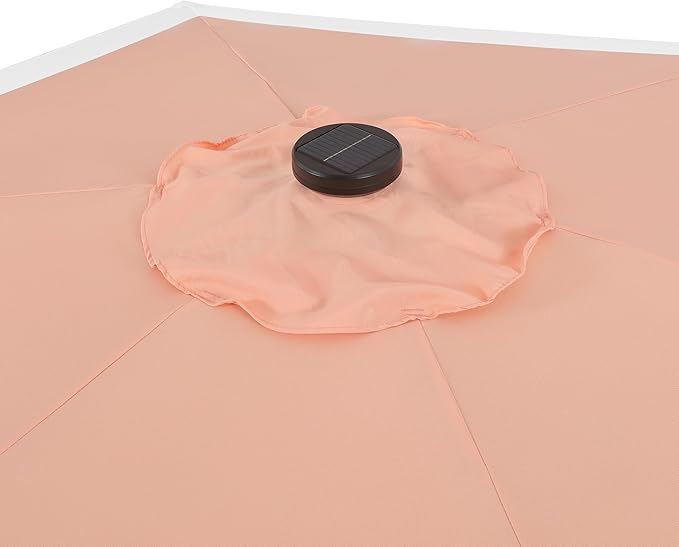 JONATHAN Y Spencer 9 ft. Solar Powered LED Patio Umbrella with Crank and Tilt, Hexagon Outdoor Market Sunshade for Garden, Deck and Pool, Coral Pink/White, Dark Brown Pole UMB1100D