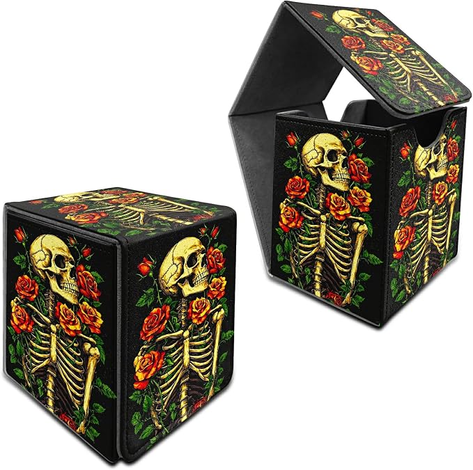 Deck Box for MTG, Cards Storage Box Fits 120+ Sleeved, Leather Medium Size Strong Magnetic Closing Card Case for Board Games Magic TCG CCG Baseball Collection, Skull Red Rose