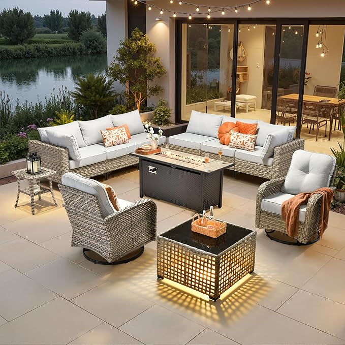 11 Pieces Outdoor Sectional Patio Furniture Set with 54" Fire Pit,Wicker Conversation Sets Rattan L Shaped Couch Swivel Rocking Chairs,Modular Outdoor Sofa for Porch Balcony Backyard Grey