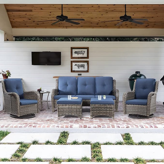 Wicker Patio Furniture Set 6 Piece Set with 1 Three-Seat Sofa, 2 Swivel Rocker Chairs, 2 Ottomans and 1 Side Table, Outdoor Furniture Patio Conversation Sets(Mixed Grey/Blue)