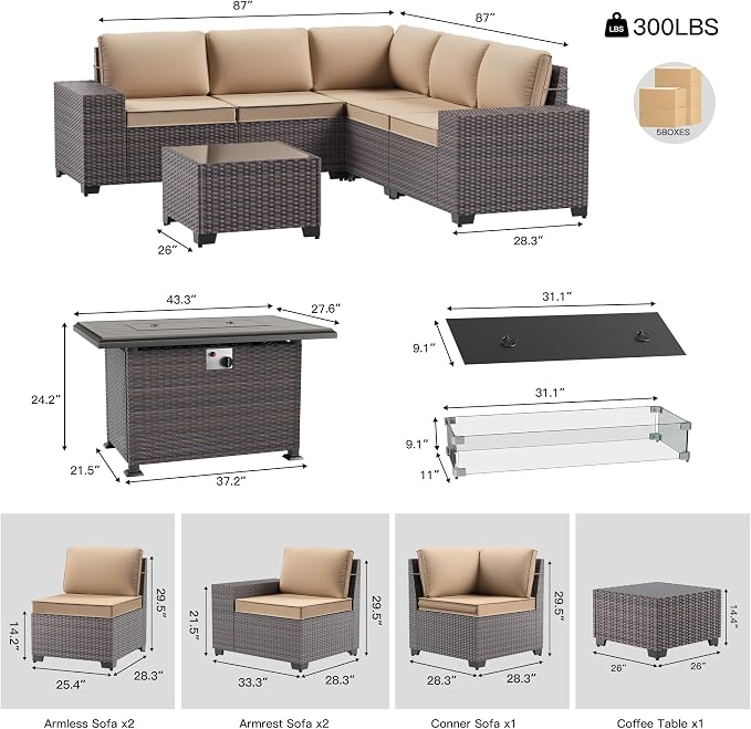 7 Pieces Outdoor Patio Furniture Set with 43"/55000BTU Gas Fire Pit Table,PE Rattan Wicker Outdoor Conversation Sofa Set Non-Slip Cushions Waterproof Covers for Backyard,Poolside,Garden,Sand
