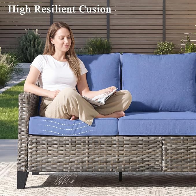 Luxury Patio Furniture Sofa Set - 7 Pieces All Weather Wicker Outdoor Couch and High Back Swivel Rocker Patio Chairs with fire Pit for Deck Yard and Poolside Gray Wicker | Blue Cushions