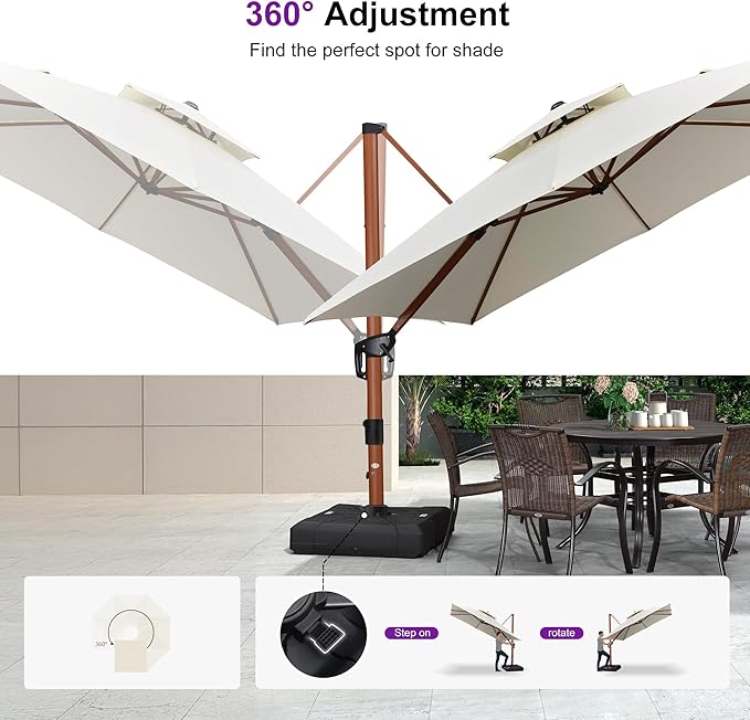 PURPLE LEAF Patio Umbrella with Base Outdoor Square Umbrellas Large Cantilever Umbrella Windproof Offset Heavy Duty Sun Umbrellas for Garden Deck Pool Patio, 9ft Cream