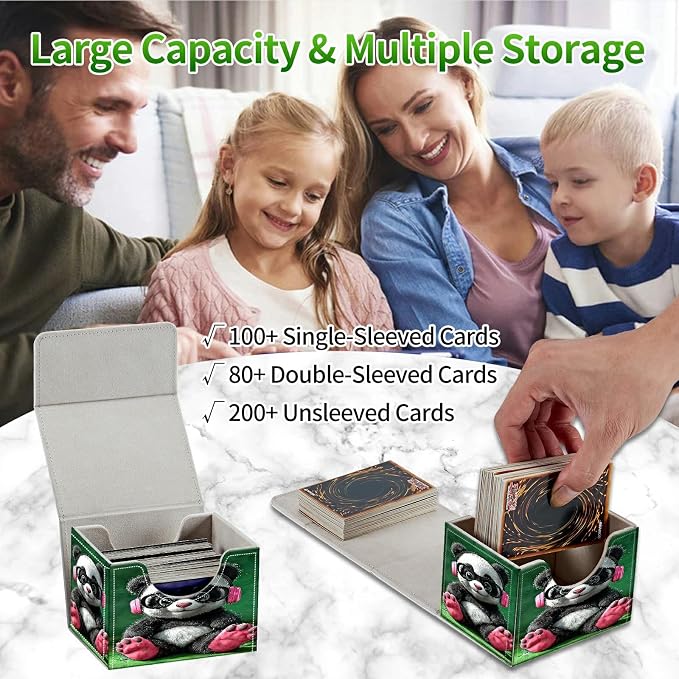 Card Deck Box for MTG, Cards Storage Box Fits 120+ Sleeved, Leather Small Size Strong Magnetic Closing Card Case for Board Games Magic TCG CCG Baseball Collection, Pink Headphones Panda