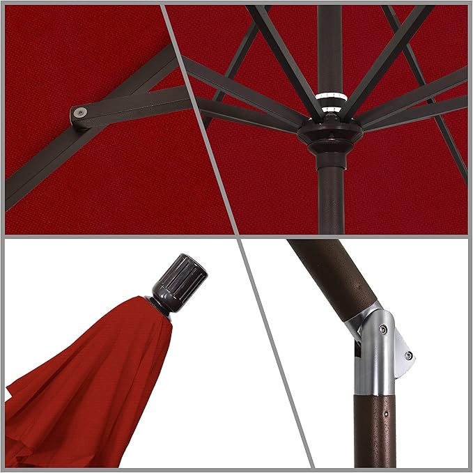 California Umbrella 9' Round Aluminum Market Umbrella, Crank Lift, Collar Tilt, Bronze Pole, Red Olefin