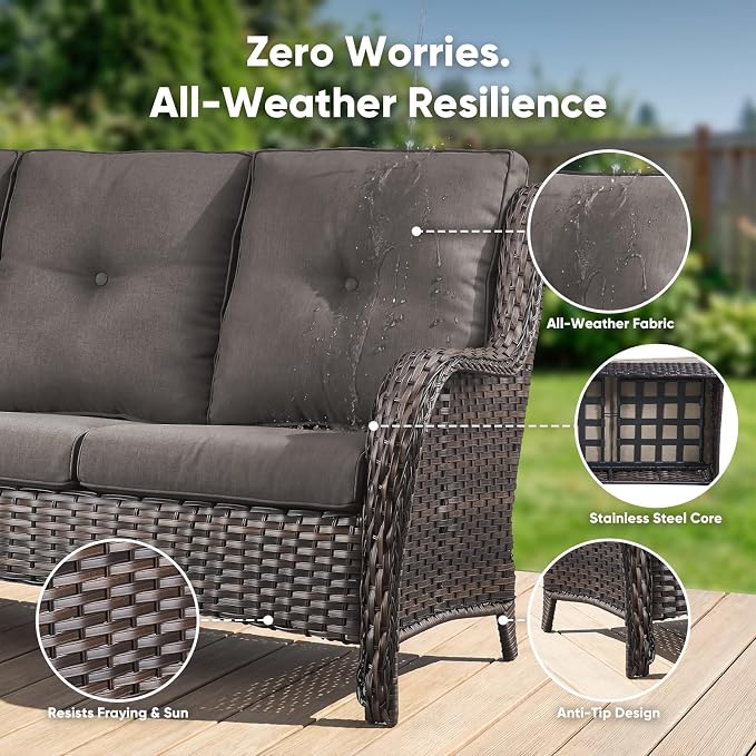 Belord 3-Piece PE Wicker Outdoor Sofa with 2 Ottomans, Luxury Patio Couch Convertible to Chaise Lounge, All-Weather High Back Deep Seat Woven Furniture for Deck, Porch - Brown/Grey