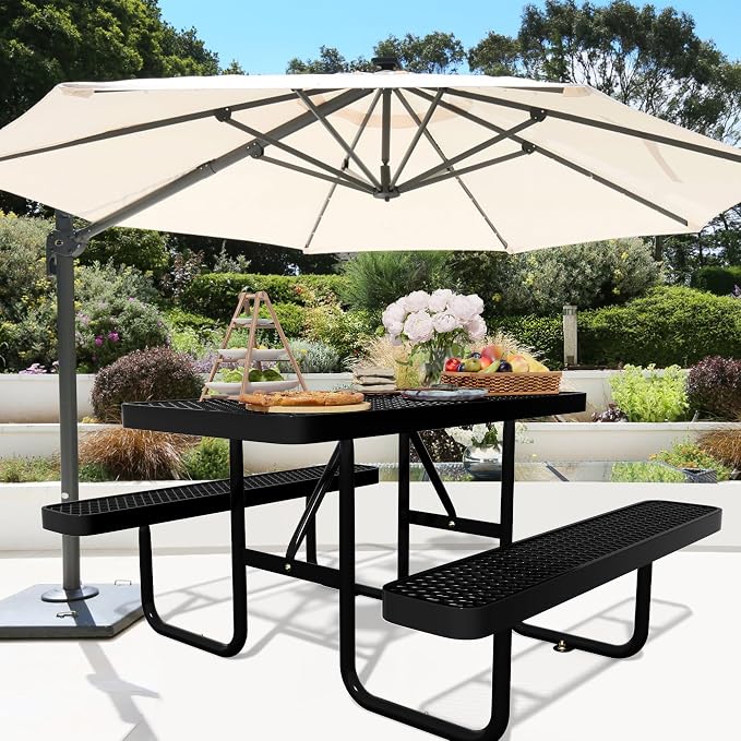 4FT Metal Picnic Table with Benches, Rectangular Lifetime Picnic Table with Umbrella Hole, Outdoor Furniture Heavy Duty Sturdy Commercial Picnic Tables for Patio Garden Courtyard BBQ Shopping Centers