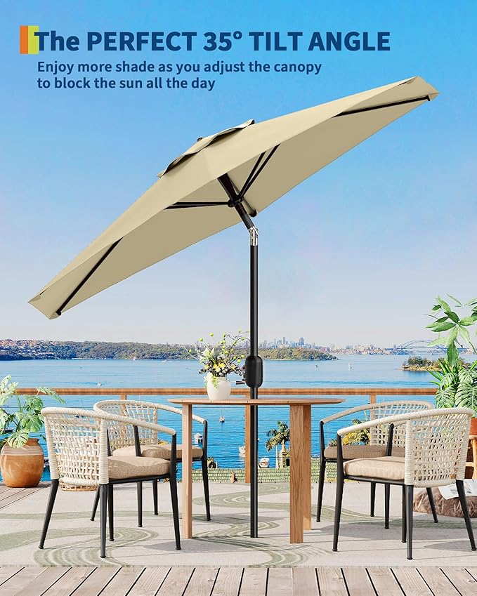 GarveeLife 7.5 ft Outdoor Patio Umbrella, Outdoor Table Umbrella, Market Umbrella With Push Button Tilt and Crank, 6 Sturdy Ribs UV Protection Waterproof for Garden, Deck, Backyard, Pool, Beige
