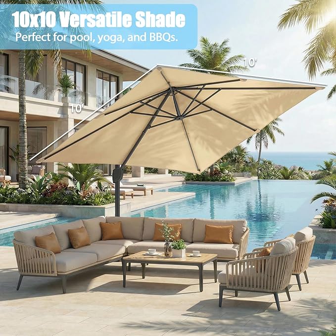 GarveeLife Large Cantilever Patio Umbrella, 10 ft X 10 ft Heavy Duty Aluminum Cantilever Offset Outdoor Umbrella with 360-Degree Rotation for Backyard, Deck, Pool (Beige)
