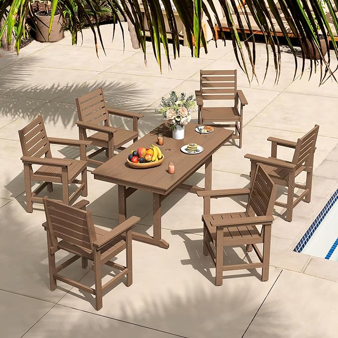 7 Piece Patio Dining Set, 66" Rectangle HDPS Weather Resistant Outdoor Table & 6 Patio Chairs Set with 1.96" Umbrella Hole, Heavy Duty Chairs for Backyard Balcony Deck, Brown