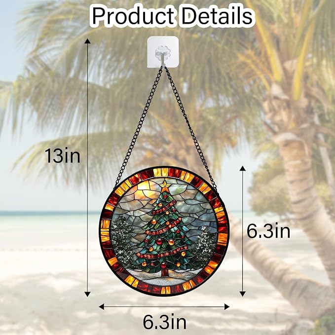 DASTOLL Stained Glass Window Hanging - Winter Christmas Tree Suncatcher Ready to Hang Window Doors Home Decoration, Christmas, Mother's Day Birthday Gifts for Women, Men, and Mom 11.8x11.8 in