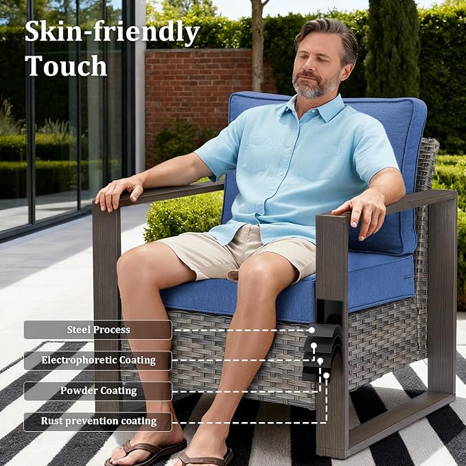 7-Piece Outdoor Patio Furniture Set with 4 Swivel Chairs, All-Weather Wicker Sofa Set for Garden, Yard, Porch and Poolside Seating, Grey/Blue