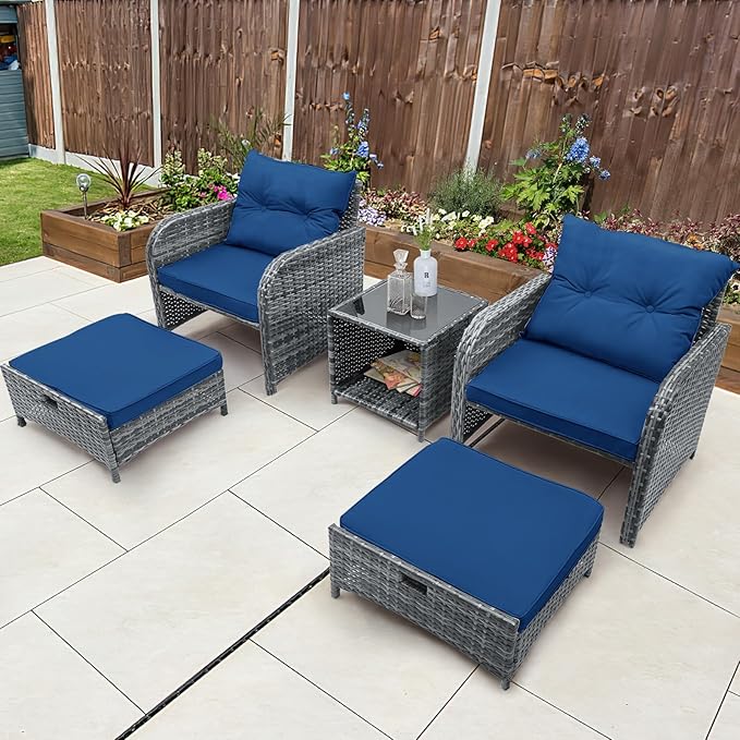 5 Pcs Outdoor Patio Chair with Ottomans, PE Wicker Rattan Patio Conversation Furniture Set, Space Saving Design Outdoor Chairs with Ottomans Set for Balcony Poolside Front Porch Deck, Blue