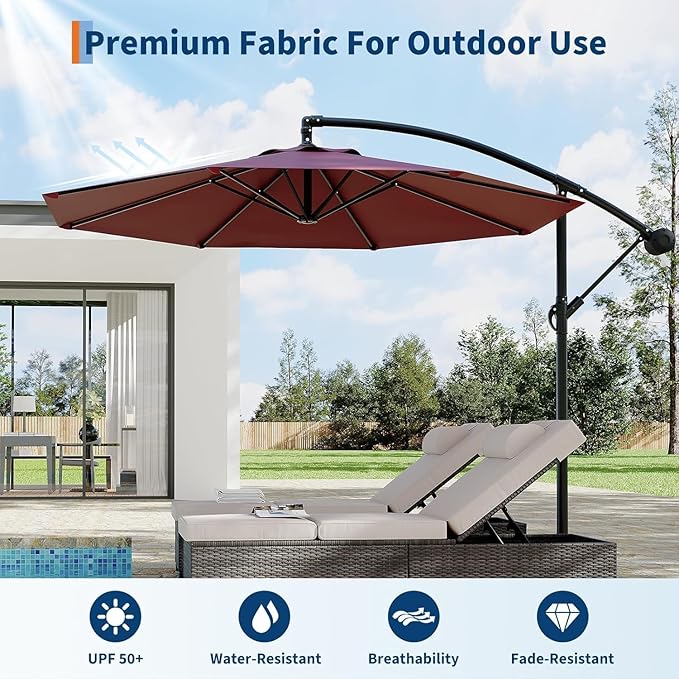 IDEALHOUSE 10FT Offset Cantilever Patio Umbrella with Cross Base, Large Outdoor Umbrella with Infinite Tilt & Crank Lift, UPF 50+ Fade-Resistant Fabric, Vented Canopy for Garden, Deck, Backyard