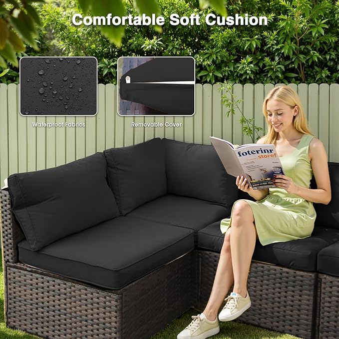 13 Piece Patio Furniture Set All Weather PE Rattan Outdoor Sectional Sofa Couch with No-Slip Cushions and Glass Top Table for Garden, Poolside, Backyard (Black)