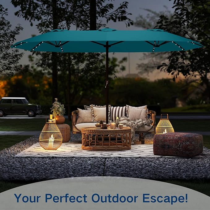 Large Patio Umbrella with Solar Lights and Base, Double-Sided Outdoor Rectangle Umbrella with 48 LED Lights, Market Table Umbrellas with UV Resistant Canopy
