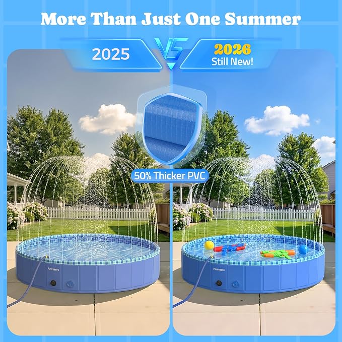 Foldable Dog Pool with Sprinkler RGB LED Light, 79" Collapsible Hard Plastic Kiddie Swimming Splash Pool for Small Medium Large Doggie Kitty Puppy, Pet Bathing Tub Wading Pool for Dogs Blue