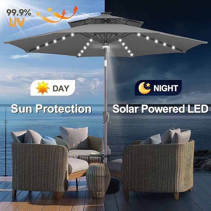 FLAME&SHADE 2 Tiers 9ft Solar Light Patio Umbrella, 40 LED lights outdoor umbrella with Centre Surround Light, Table Market Umbrella for Deck, Pool, Porch, Backyard, Garden (Anthracite)