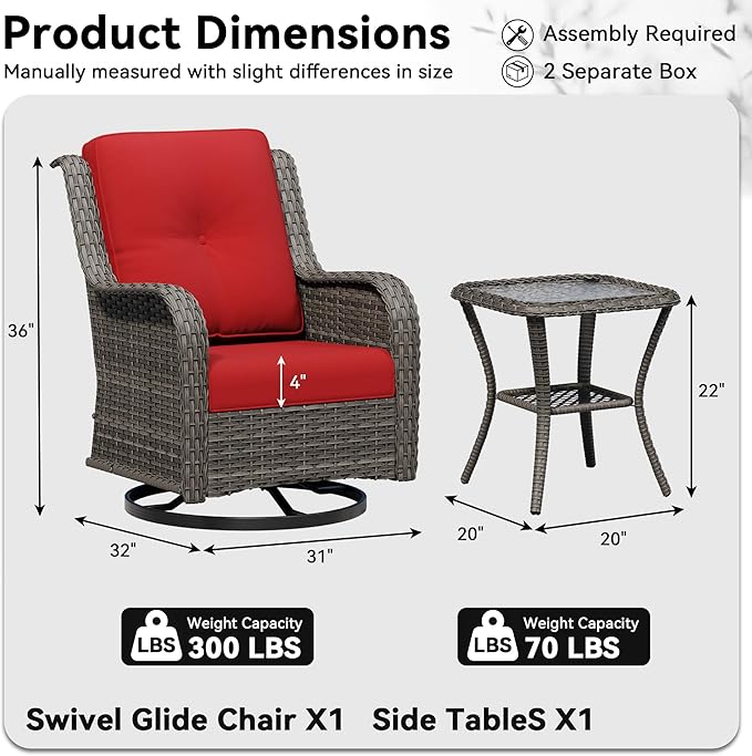 2 Pieces Outdoor Swivel Rocker Patio Chairs Set - Outdoor Wicker Patio Furniture Sets with 1 Side Table, Olefin Fabric Cushions Suitable for Backyard Deck and Porch, Red