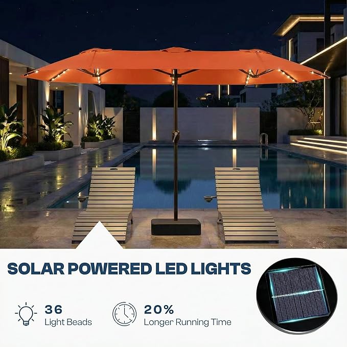 15FT Patio Umbrella with Solar Lights, Double-Sided Extra Large Outdoor Table Umbrella with Base Included, Heavy-Duty 12 Iron Ribs Market Umbrella for Garden, Pool, Backyard, Terracotta
