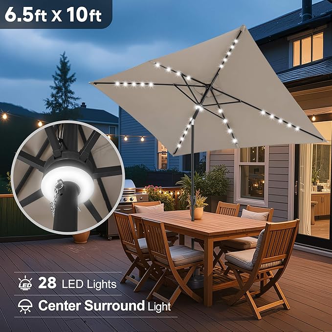 FLAME&SHADE 6.5 x 10 ft Rectangular Solar Powered Outdoor Market Patio Table Umbrella with LED Lights and Tilt, Taupe