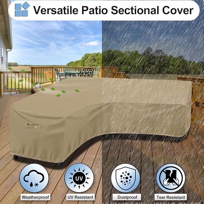 OutdoorLines Waterproof Outdoor Patio Sectional Cover - UV Resistant & Windproof V-Shaped Patio Furniture Covers for Deck, Lawn and Backyard, 420D Heavy Duty Couch Cover 100" L (on Each Side) Camel