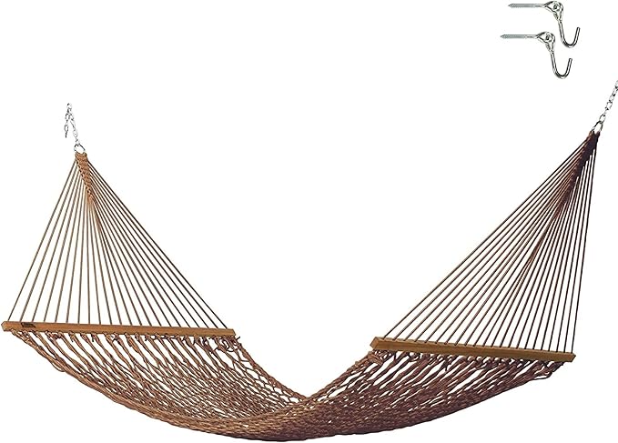 Hatteras Hammocks Large Antique Brown DuraCord Rope Hammock – 13 ft. x 55 in., 2-Person, 450 lb Capacity, Cumaru Spreader Bar, Zinc-Plated Hardware – Handcrafted in The USA