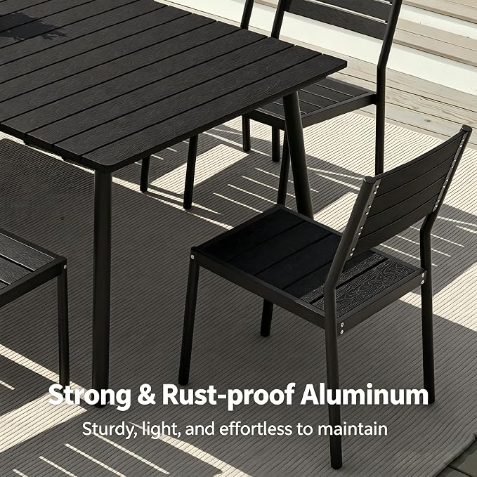 7-Piece Outdoor Dining Set for 6 Person with Black Wood-Grain Top | Armless Stackable Chairs with 19.4" Seat Depth, Aluminum Frame Dining Furniture with Umbrella Hole for Deck, Porch & Backyard
