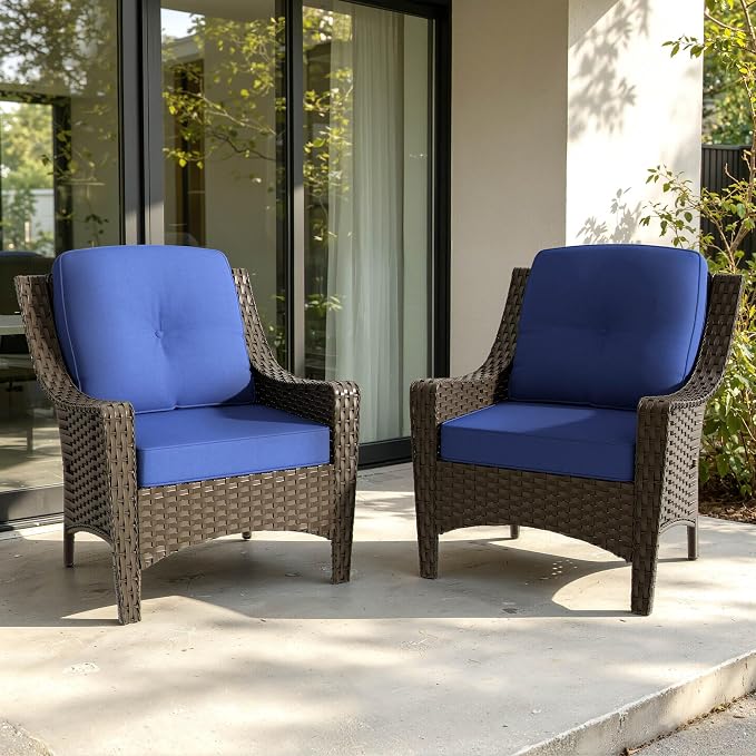 Patio Wicker Chair Set of 2 with High Back, All Weather PE Wicker Chair with Waterproof Cushion for Porch, Backyard, Balcony, Deck