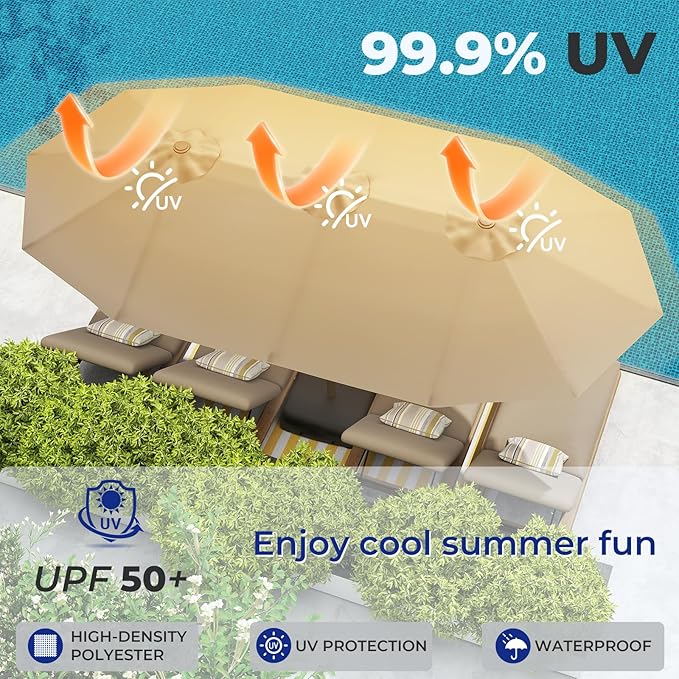BRIOPAWS 15-FT-Large-Patio-Umbrella-with-Base | Double-Sided | Outdoor Table Umbrellas | w/Crank Handle | 12 Sturdy Fiberglass Rib | UV-Protection | for Garden Deck Backyard Pool | Tan