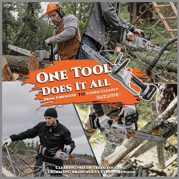 SUZUME Battery Chainsaw 12 Inch, 21V 2x4.0Ah Batteries 2 x Chains Electric Chain saw Cordless with 33 Ft/s Powerful Cutting Auto Oiling for Pruning Fallen Tree Cleaning Wood Cutting DIY