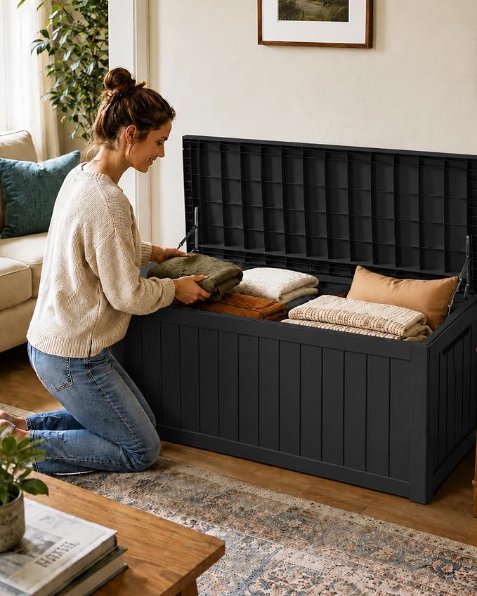 MAKINO 274 Gallon Large Waterproof Deck Box, Heavy Duty Resin Outdoor Storage Box, Outside Storage Bench with Hydraulic Rod for Patio/Furniture Cushions/Garden Tools/Backyard/Pool Accessories, Black