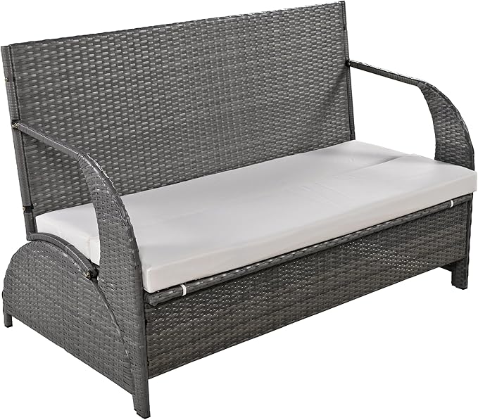 Merax Outdoor Rattan Loveseat, Patio Conversation Sets, Convertible to Four Seats with Table Sofa for Backyard, Garden and Lawn, Beige