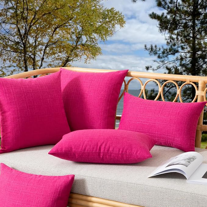 Kevin Textile Outdoor Waterproof 24”x24” Pillow Covers 2 Pack, Hot Pink | Water Resistant, Soft Faux Linen-cotton Yarn-dyed Woven Texture Throw Pillow Covers for Tent Patio Garden Couch Sofa