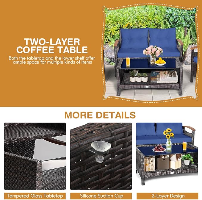 Tangkula 4 Piece Patio Rattan Conversation Set, Outdoor Wicker Sofa Set W/2-Layer Coffee Table, Backrest & Seat Cushions, Acacia Wood Curved Armrests, Suitable for Poolside, Backyard, Deck (1, Navy)