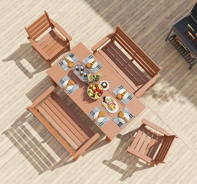 BRIOPAWS Outdoor-Dining-Table-Set | 5 Piece | HDPE | 2 Benches and 2 Chairs Sets for 6 | Patio Dinner Furniture | All Weather | Umbrella Hole | for Poolside Deck Backyard Outdoors | Teak
