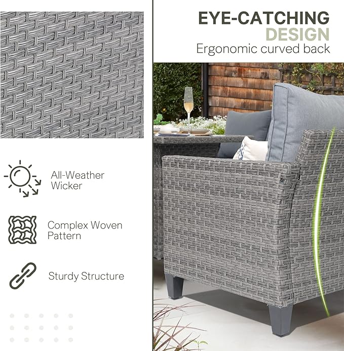 SUNSITT Outdoor Patio Furniture Set 5 Piece Wicker Conversation Set with Ottoman 3 Seat Sofa Couch with Club Chair, Grey Wicker & Grey Cushion