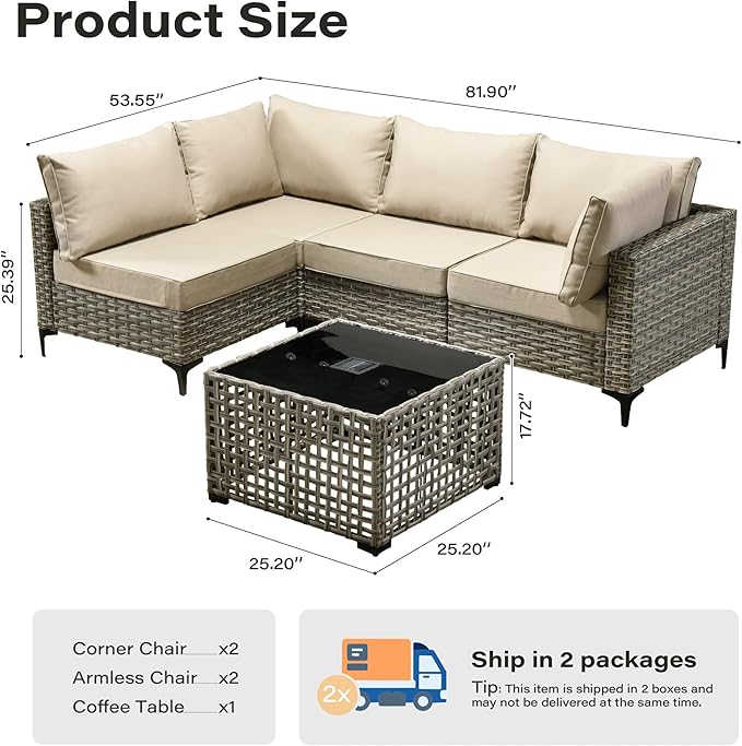 5 Pieces Patio Furniture Set with Solar Light Coffee Table, All-Weather Rattan Outdoor Sectional Conversation Sets L Shaped Sofas for Outside Porch Balcony Backyard Beige