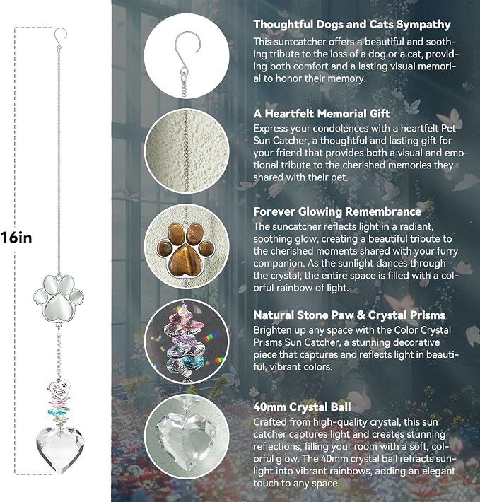 Dog Memorial Gifts, Pet Memorial Suncatcher, Loss of Dog Sympathy Gift | Thoughtful Dogs and Cats Bereavement Remembrance Gifts, Natural Cat's Eye Stone Paw Crystal Suncatcher