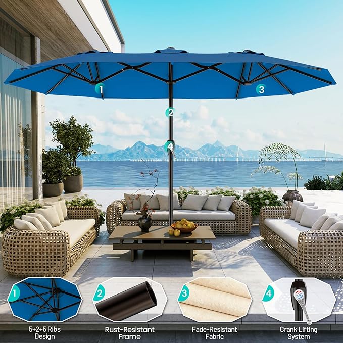AreShark 15FT Outdoor Patio Umbrella with Crank, Large Rectangular Market Umbrella, Double-Sided Outdoor Umbrellas with Cross Base & Sandbag for Porch, Lawn, Pool, Backyard, Royal Blue