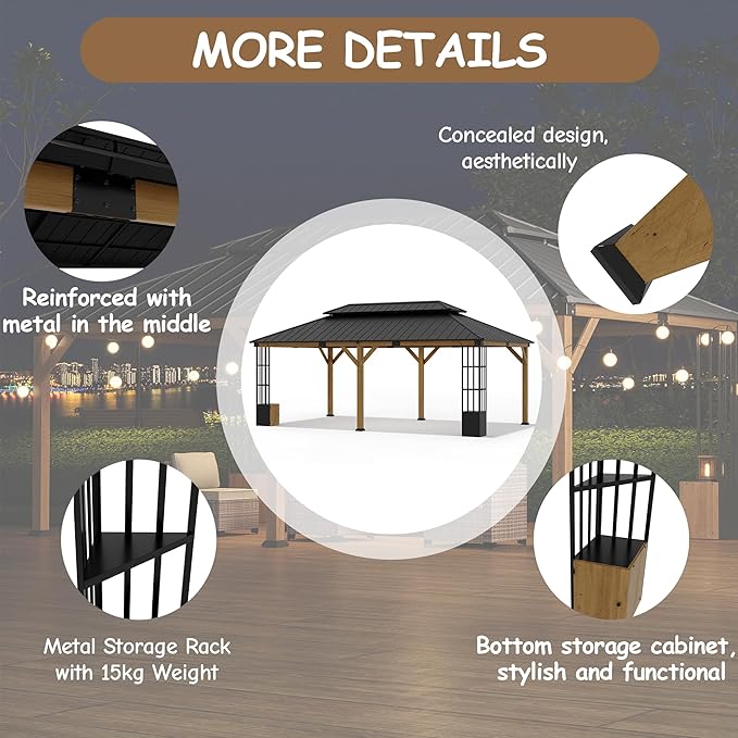 12' x 20' Hardtop Gazebo,Outdoor Cedar Wood Frame Permanent Pavilion with Double Galvanized Steel Roof,Pergola with Lockers & Storage Racks for Patio Lawn Backyard Deck